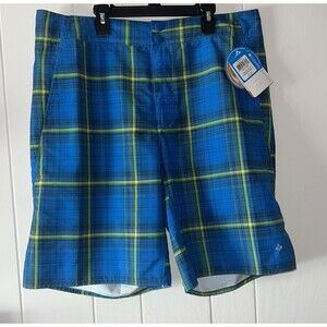 Columbia Board Short Men's Swimwear Omni-Shade Blue Plaid Size 36 -New With Tags